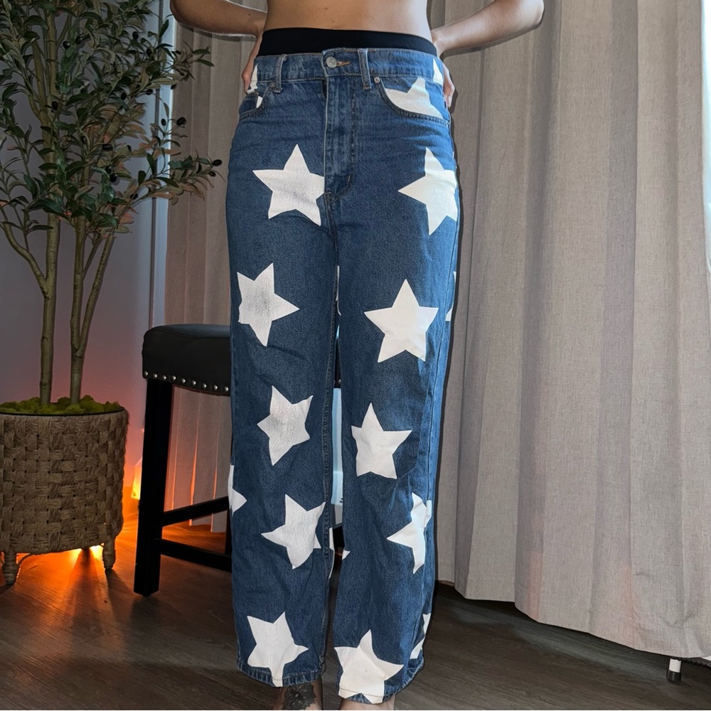 Star Pattern Blue and White Straight Leg Jeans